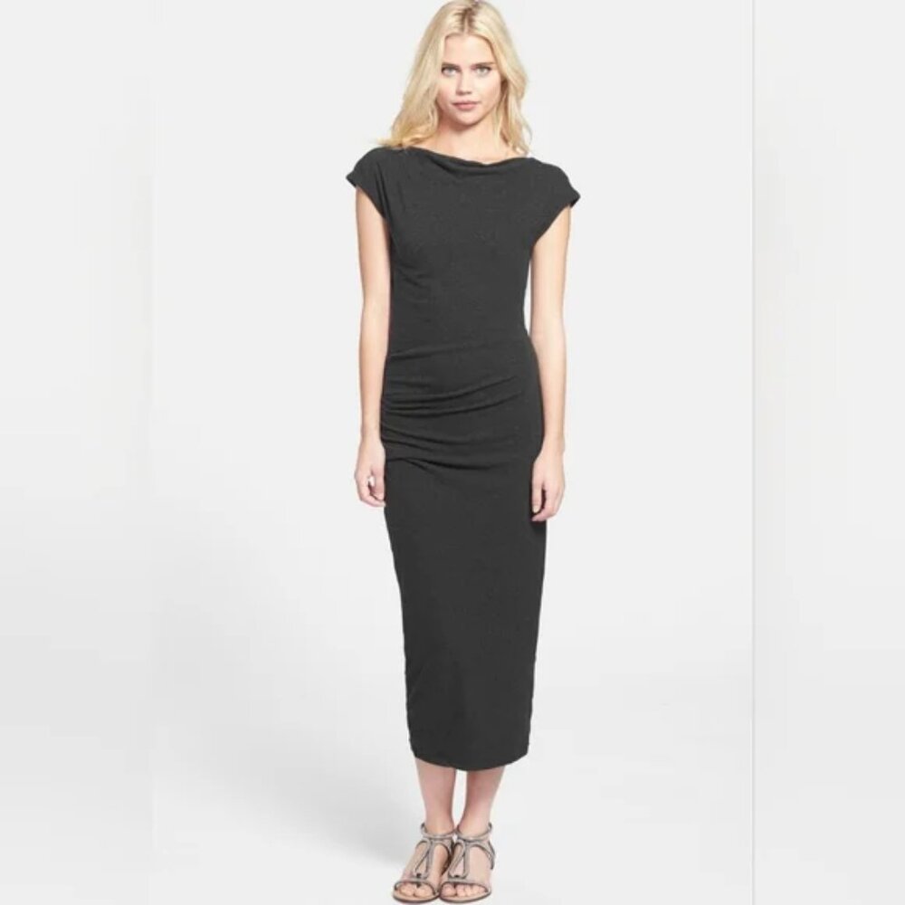 James Perse Side Ruche Cowl Neck Midi Dress With Cap Sleeves in Slate Gray L EUC